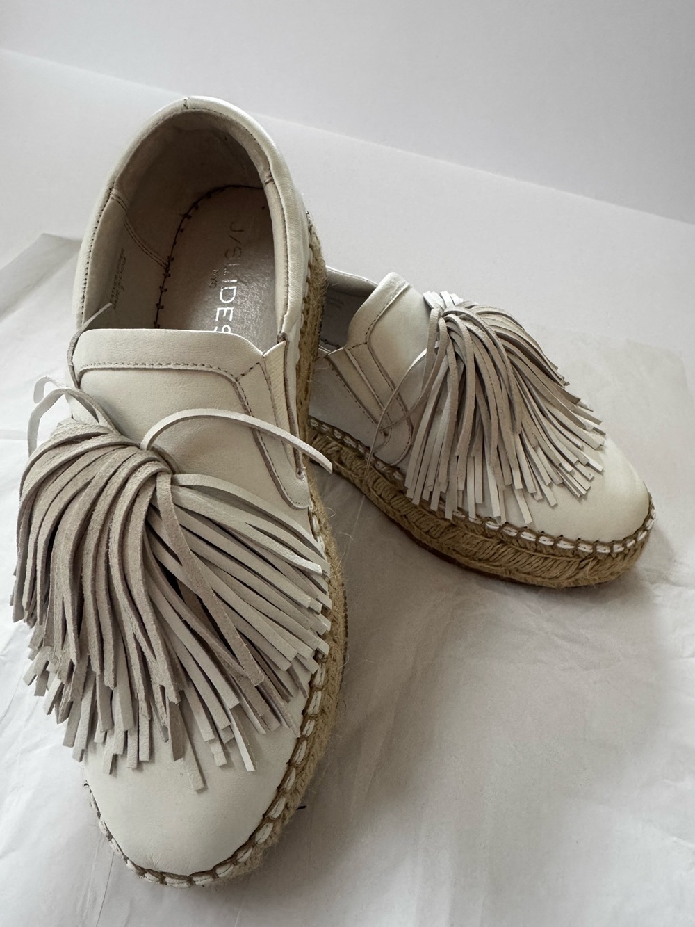J/Slides NYC Raoul White Leather Espadrille Slip-On Platform Sneakers Shoes 7M